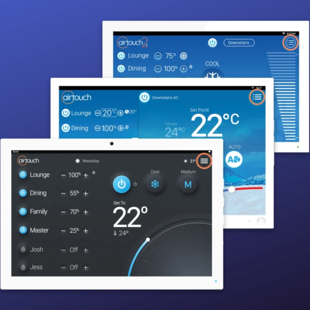 High-resolution AirTouch 2+ touchscreen panel for 16-zone climate control