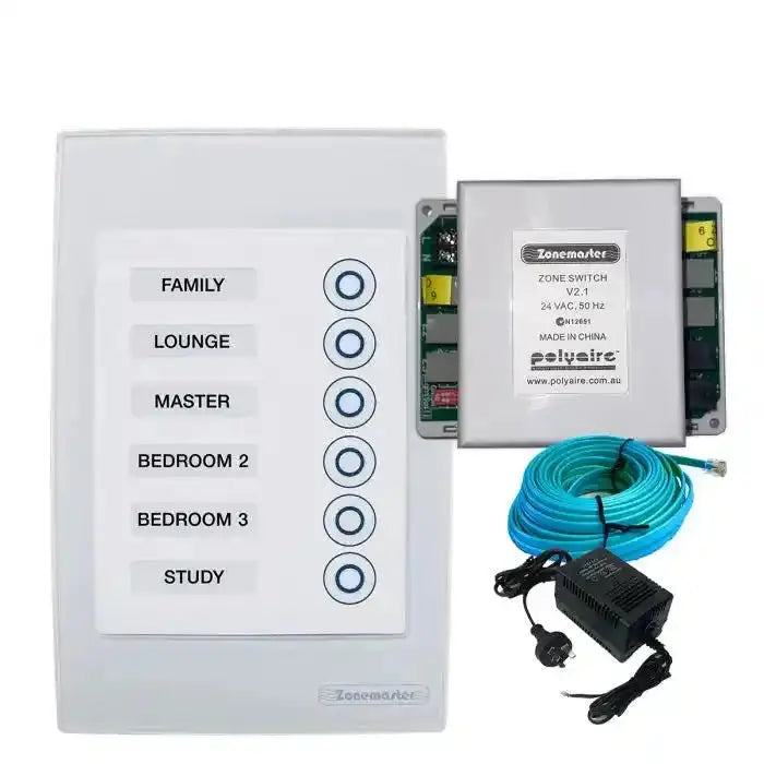 Polyaire ZoneSwitch V2 kit including smart zoning control panel, wiring, and controller unit for efficient multi-zone AC management.