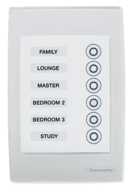 Polyaire ZoneSwitch V2 smart AC control panel with labeled zone buttons for efficient zoning in home air conditioning systems.