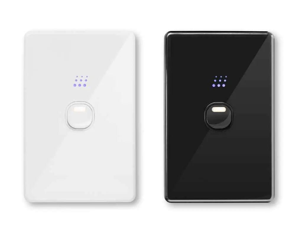 Zimi Smart Switch Wi-Fi Control in black and white finish with LED indicators, ideal for modern home automation lighting setups.