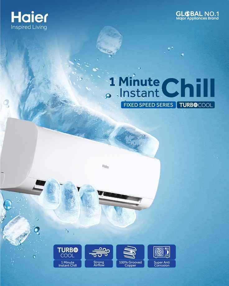 Haier Tempo Series AC promotional graphic with ice visuals, emphasizing 1-minute instant chill and Turbo Cool features.