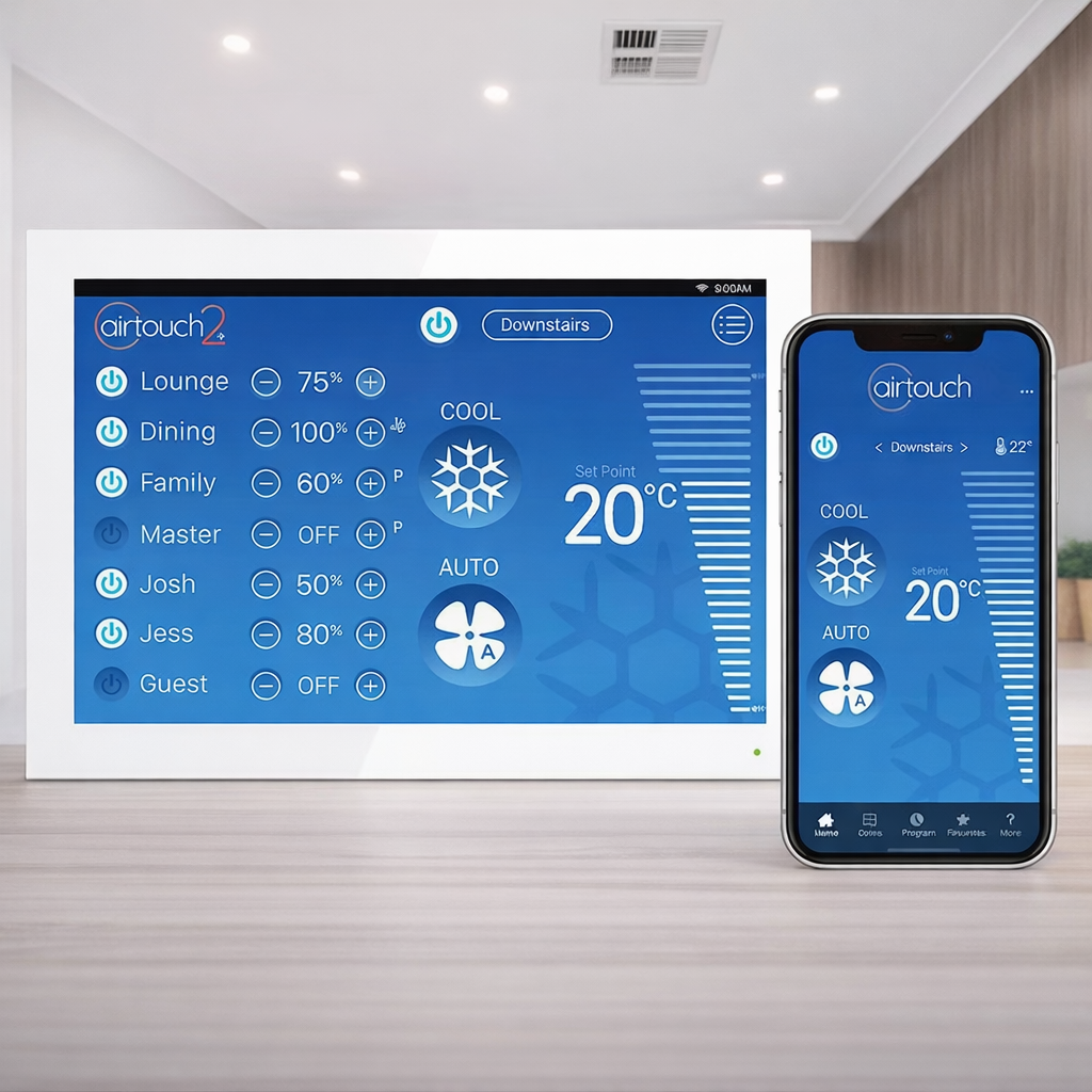Modern AirTouch 2+ wall-mounted controller for ducted air conditioning