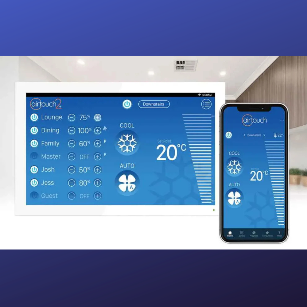 High-resolution AirTouch 2+ touchscreen interface for HVAC management