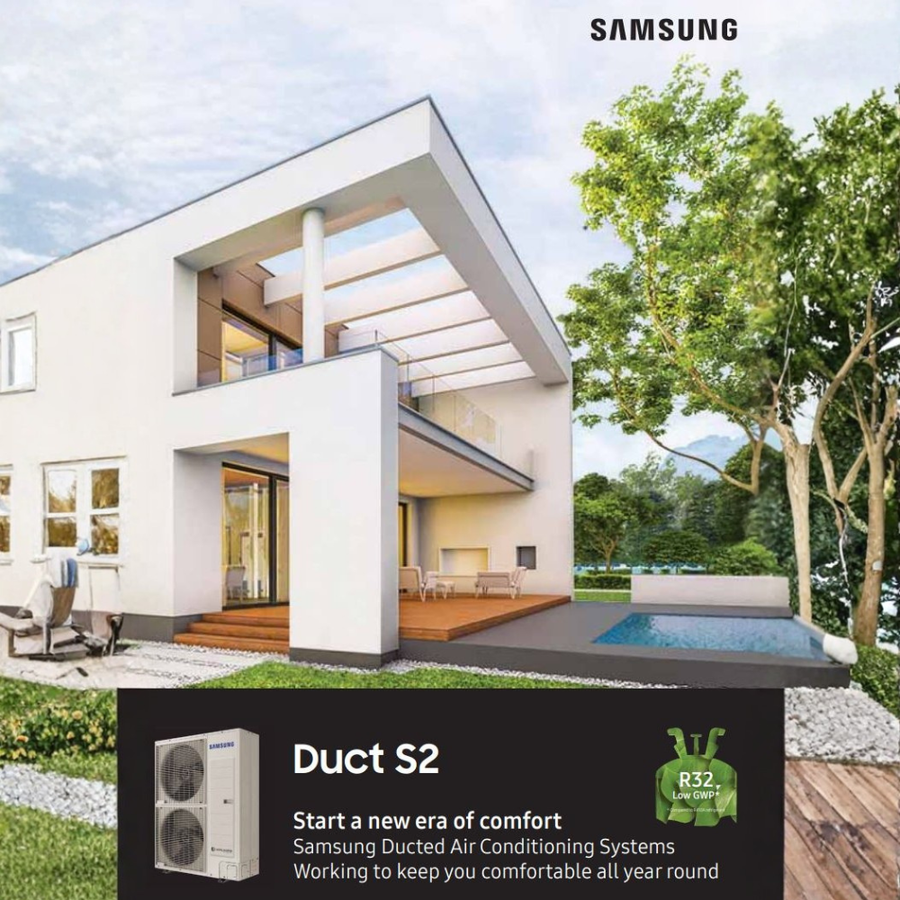 Samsung ducted air conditioner outdoor unit installed beside modern Australian home