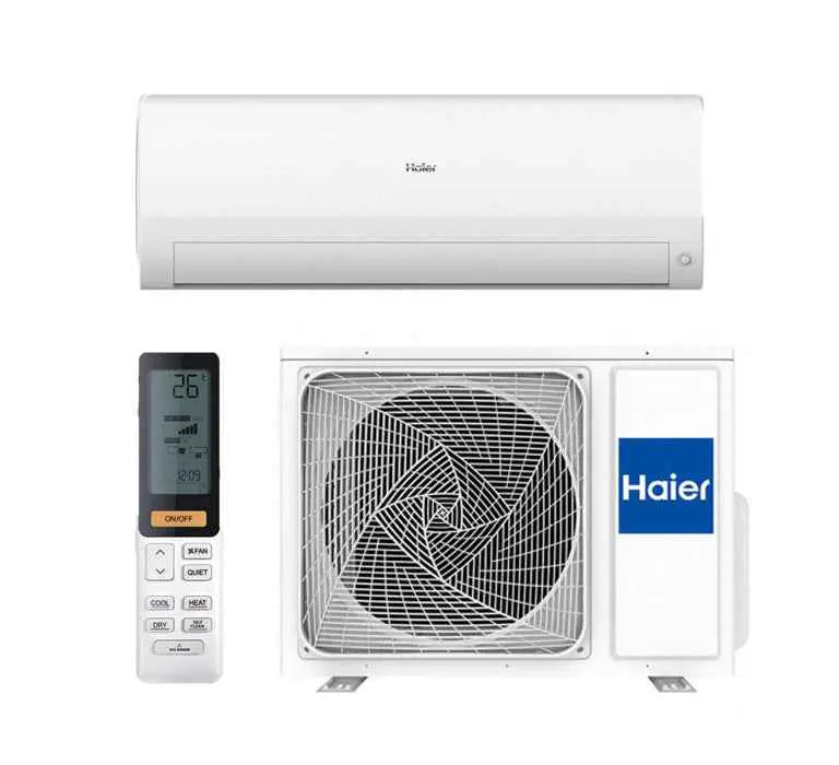 Haier Tempo Series Split AC set with remote control and outdoor unit, featuring inverter tech and smart cooling for home use.