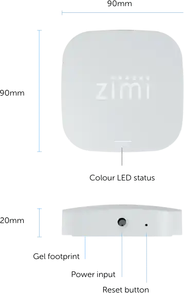 Zimi Cloud Connect dimensions and port layout for smart home automation hub. Compact design with power and network connectivity options.