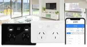 Zimi Smart Power Points in black and white shown with mobile app interface in a modern living room for smart home control.