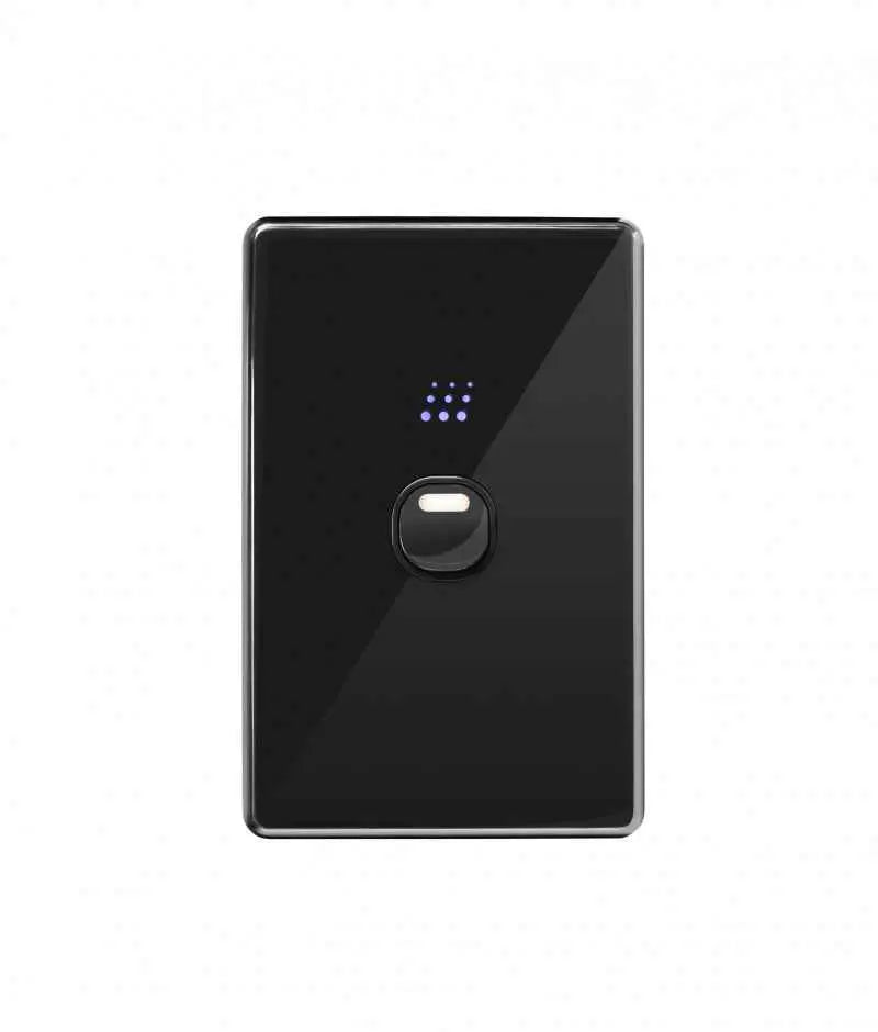 Zimi Smart Switch Wi-Fi Control in glossy black finish with illuminated touch button, perfect for stylish smart home lighting systems.