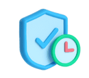 3D shield icon with checkmark and clock symbol representing Shipping Insurance - Safe Delivery Protection against damage, loss, or theft.