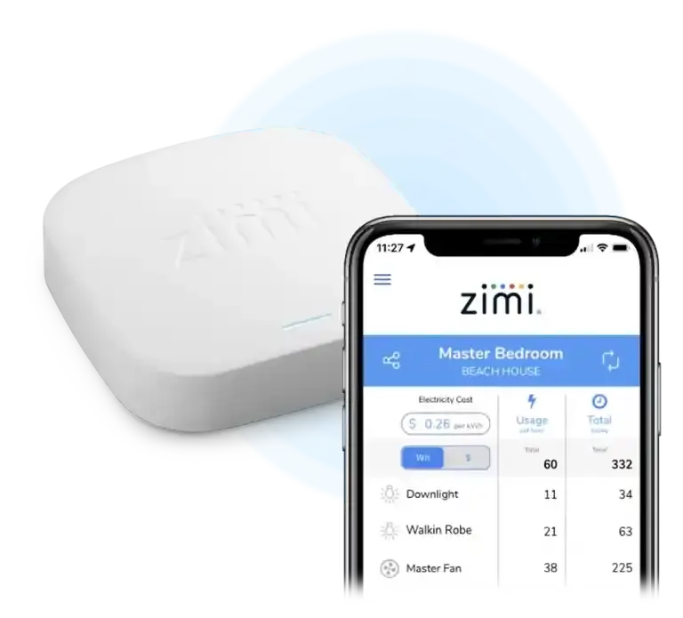 Zimi Cloud Connect hub with smartphone app showing energy usage in smart home. Monitor and control devices remotely with real-time data.
