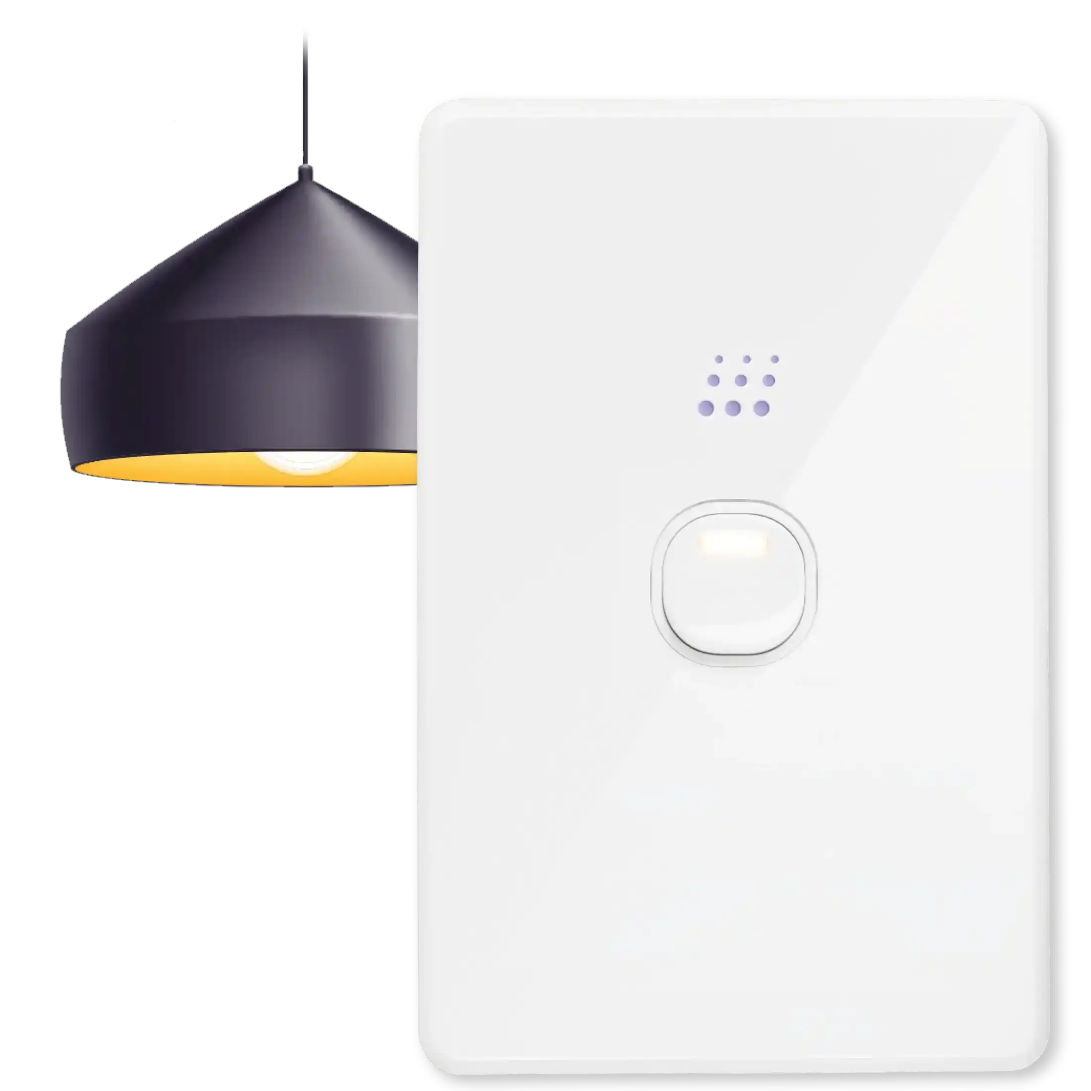 Zimi Smart Light Switch in white shown with hanging lamp, showcasing smart dimming for customizable lighting control.