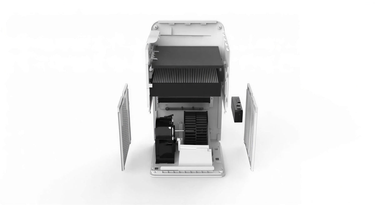 Internal view of Daikin MC30YPVM Air Purifier showing advanced filtration system. Includes pre-filter, HEPA, and deodorizing filters for optimal air purification.