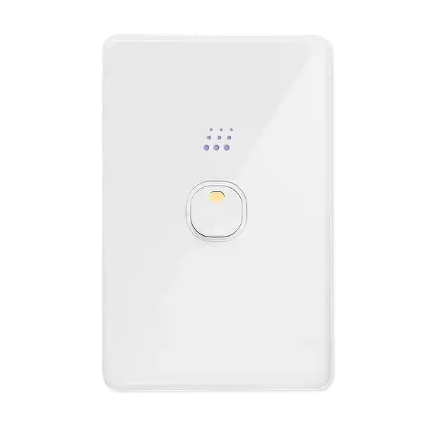 Zimi Smart Switch Wi-Fi Control in sleek white design, featuring a central touch button and LED status lights for smart lighting control.