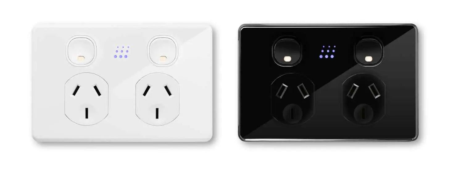 Zimi Smart Power Point in black and white with dual sockets and LED indicators for remote control in smart home setups.